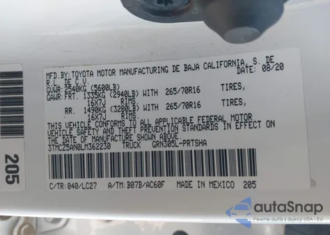 2020 Toyota Tacoma Trd Off-Road z USA, uszkodzony, nr VIN 3TMCZ5AN0LM362230